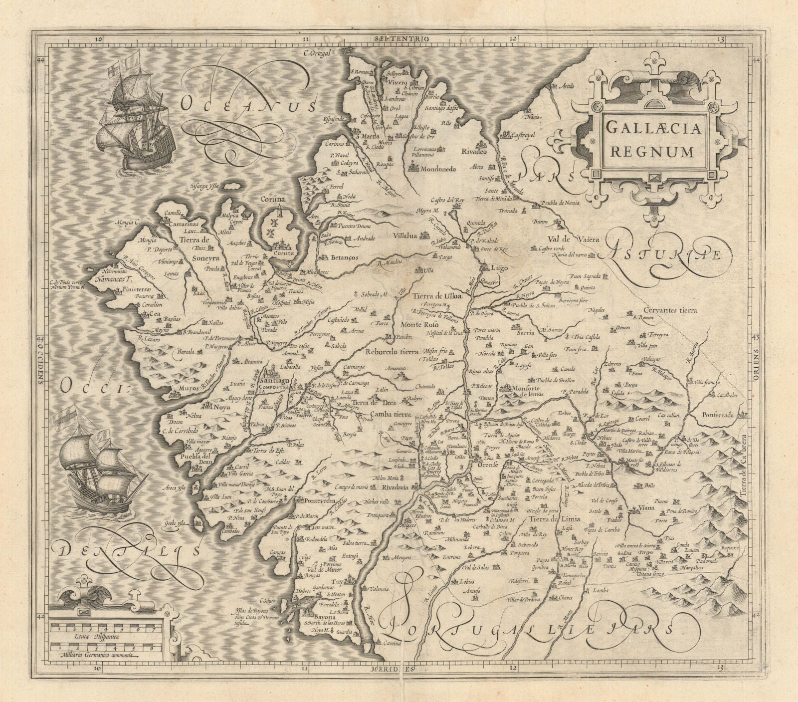 Gallaecia Regnum. The Kingdom of Galicia, Spain by Blaeu c1635 old antique map